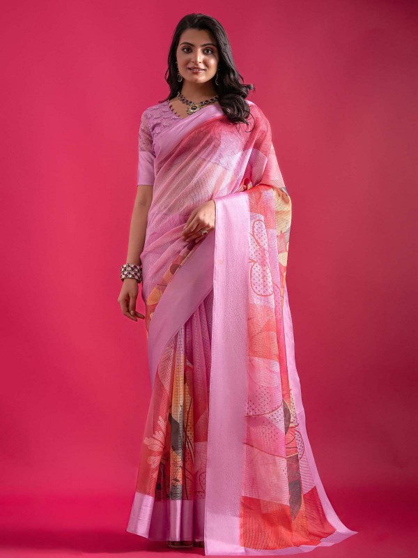 Lavender Pink Linen Silk Digital Print Saree